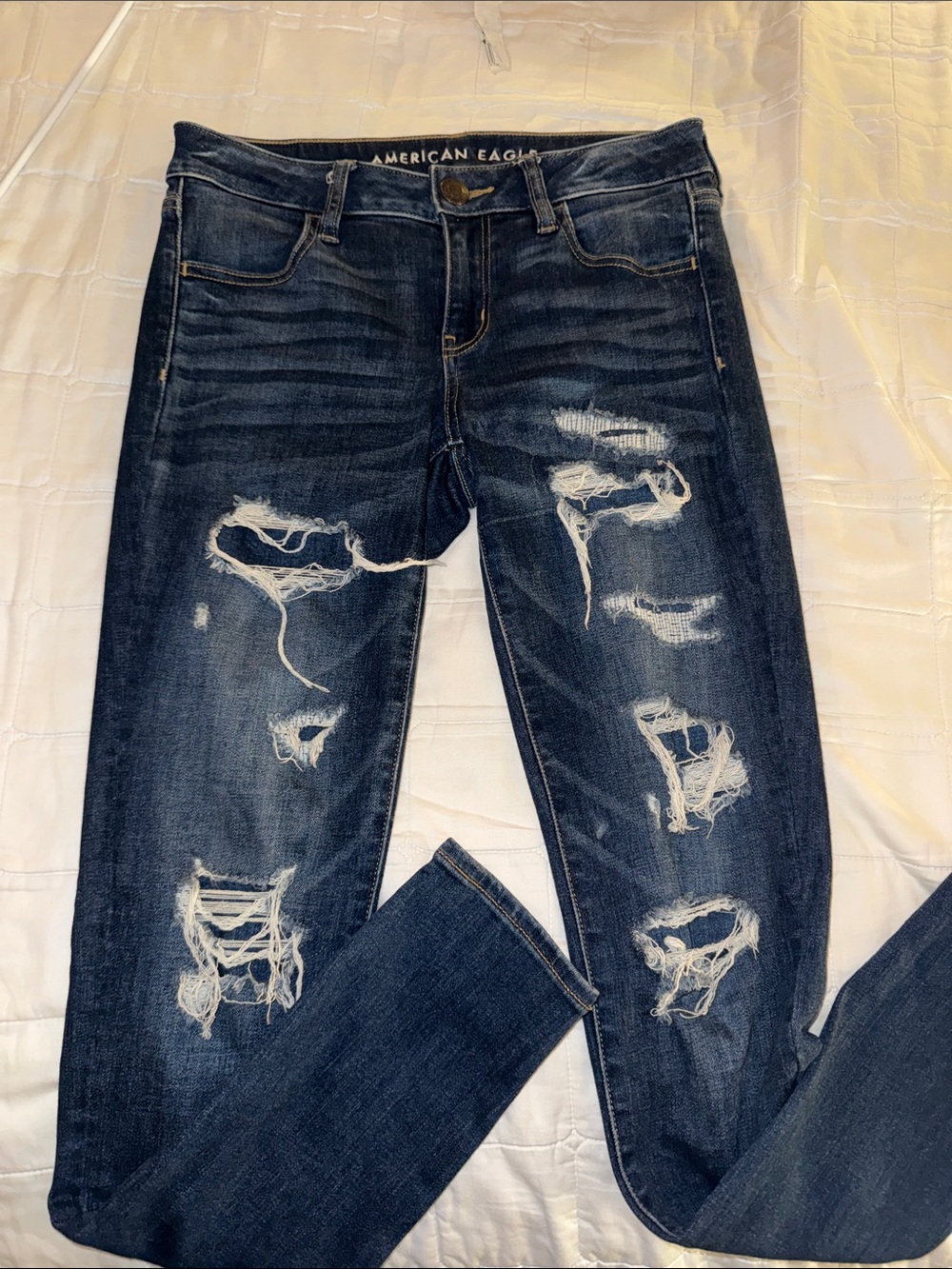 American Eagle Women's Distressed Skinny Jeans - Dark Blue next level stretch